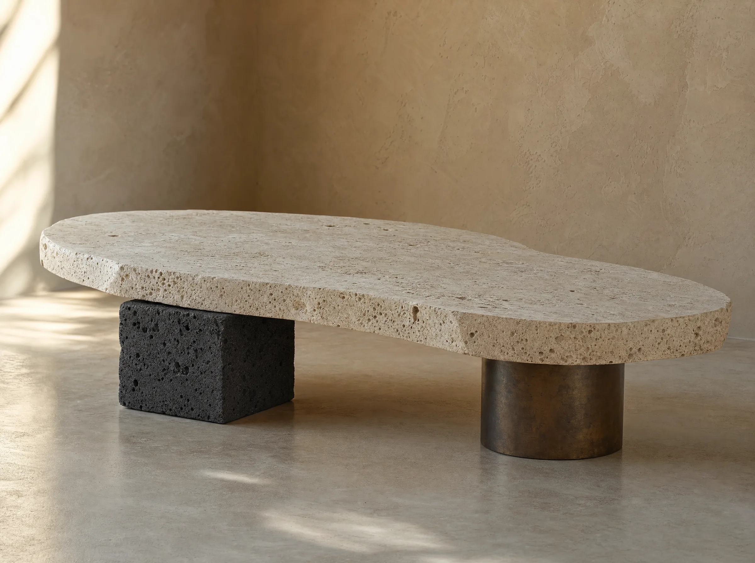 Mesa de centro "Laja": Laja de travertino de borde orgánico sobre un cubo de roca volcánica y un cilindro de bronce.