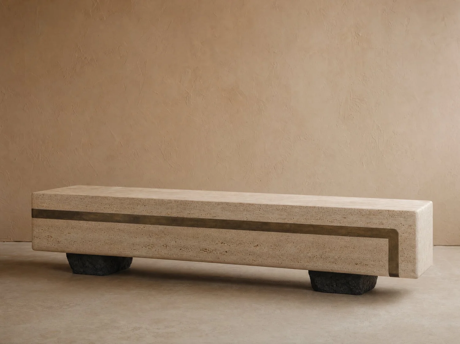 Banca-consola travertino con banda de bronce, console / bench in travertine and bronze. Design render.