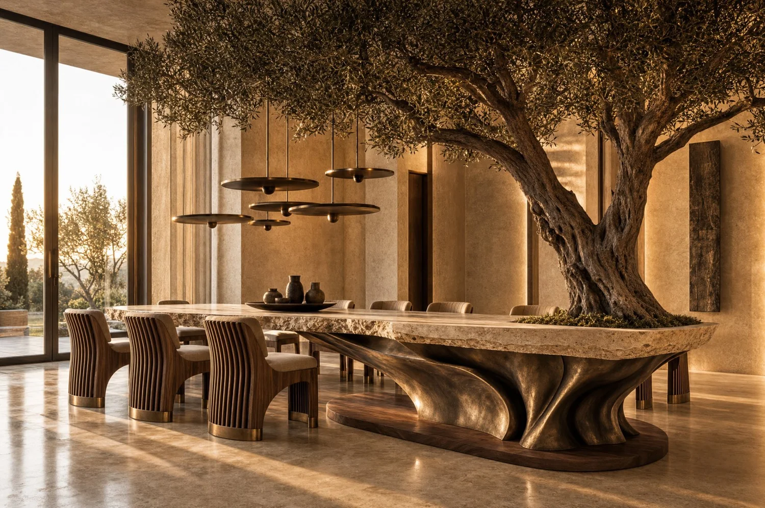 Olivo, dining table in travertine, bronze and walnut. Design render.