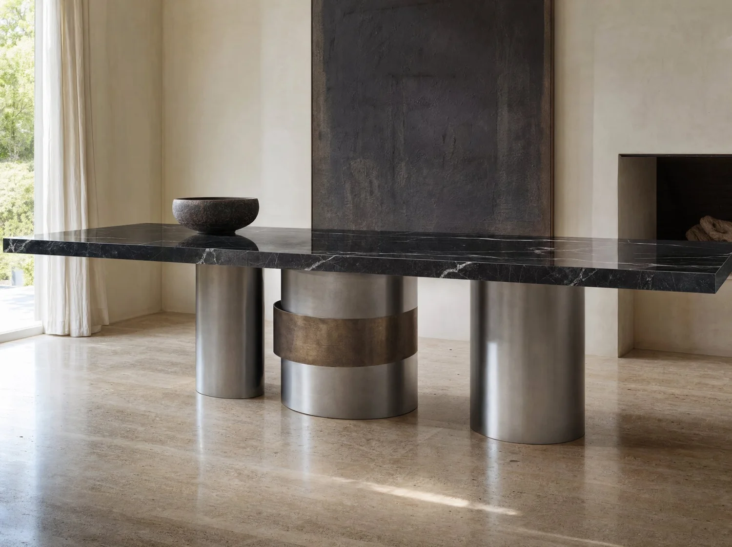 Mesa de comedor Negro Vizarrón sobre columnas, dining table in Negro Vizarrón marble and stainless steel. Design render.