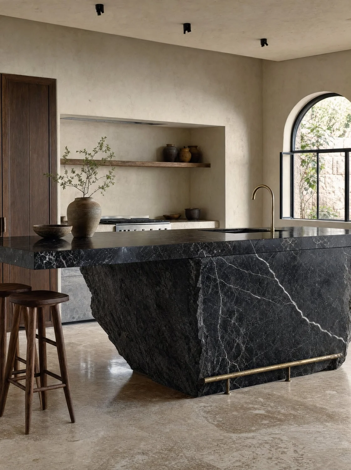 Isla / barra sobre roca bruta, kitchen commission in marble and raw rock. Design render.