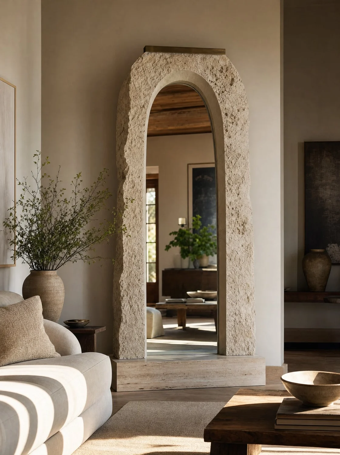 Arco de roca, mirror in limestone and stainless steel. Design render.
