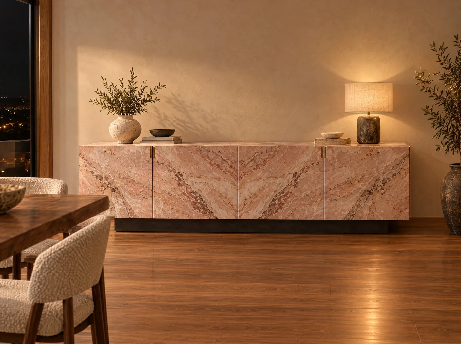 Libro, storage in pink marble, black concrete and brass. Design render.