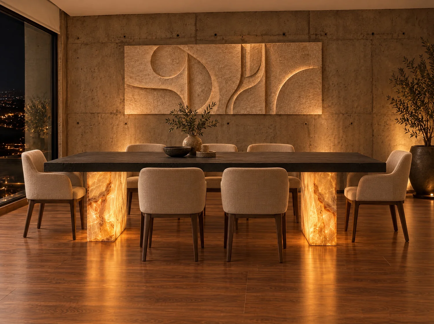 Faro, dining table in black concrete, onyx and LED light. Design render.