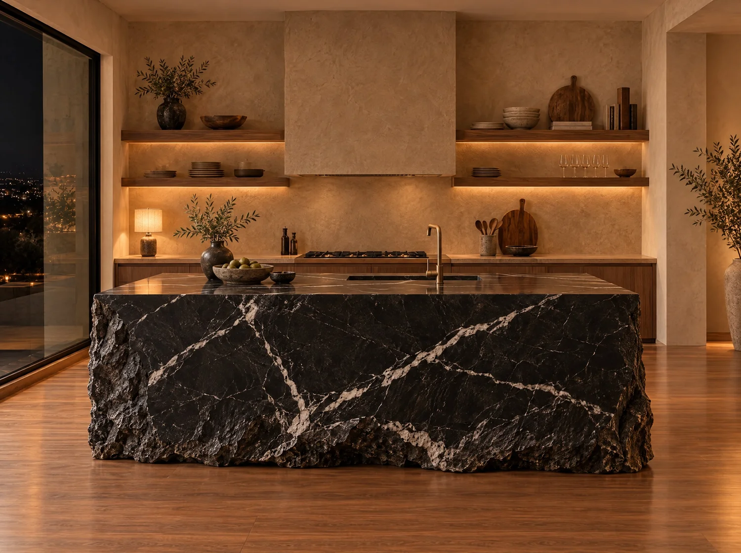 Relámpago, kitchen commission in Negro Vizarrón marble and brass. Design render.