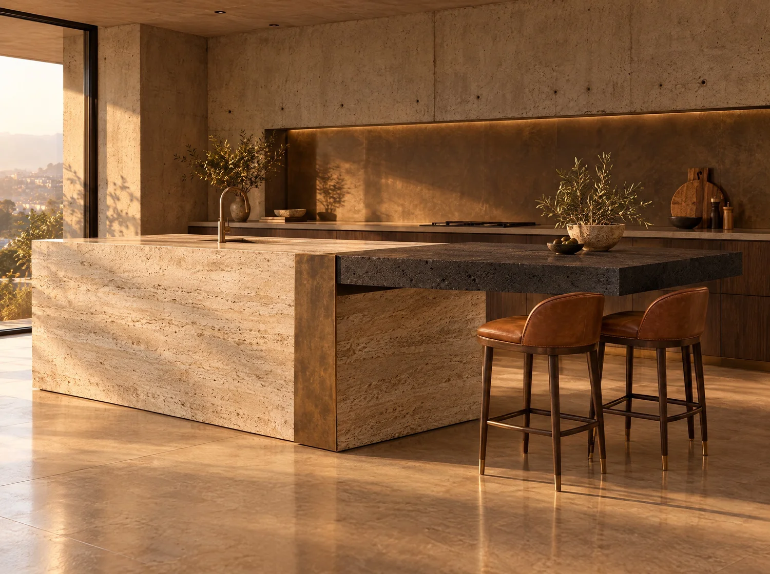 Barra, kitchen commission in travertine, volcanic stone and bronze. Design render.