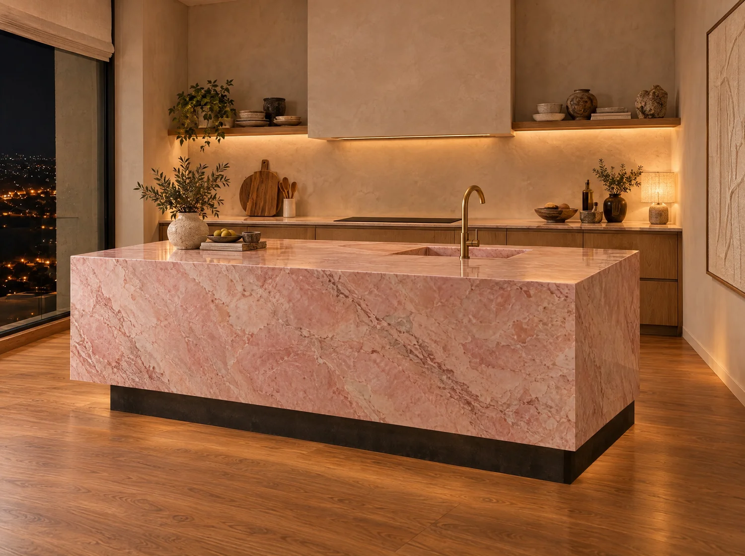 Rubor, kitchen commission in pink marble, black concrete and brass. Design render.