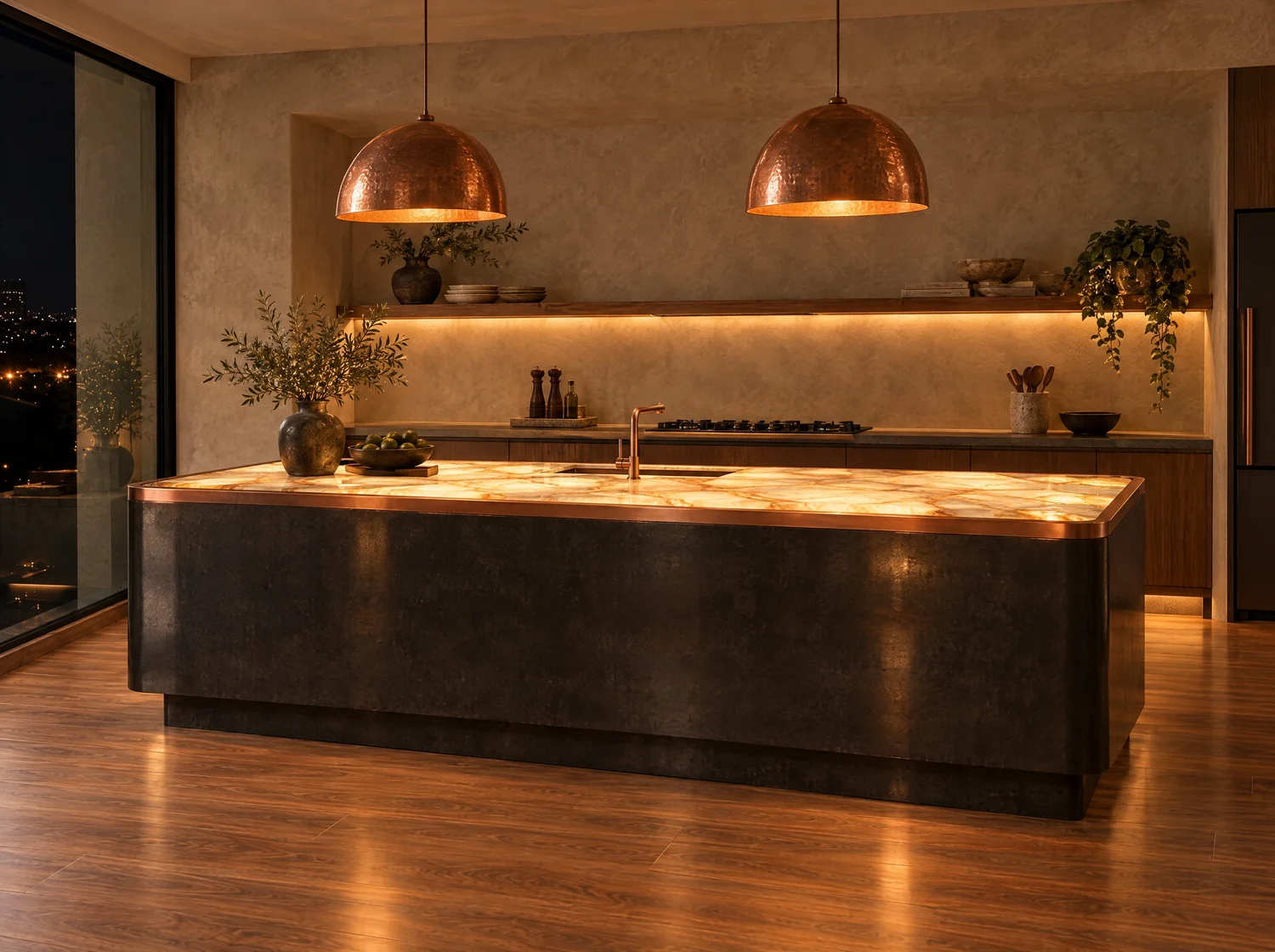 Ascua, encargo cocina en concreto negro, ónix, cobre y luz LED. Render de diseño.
