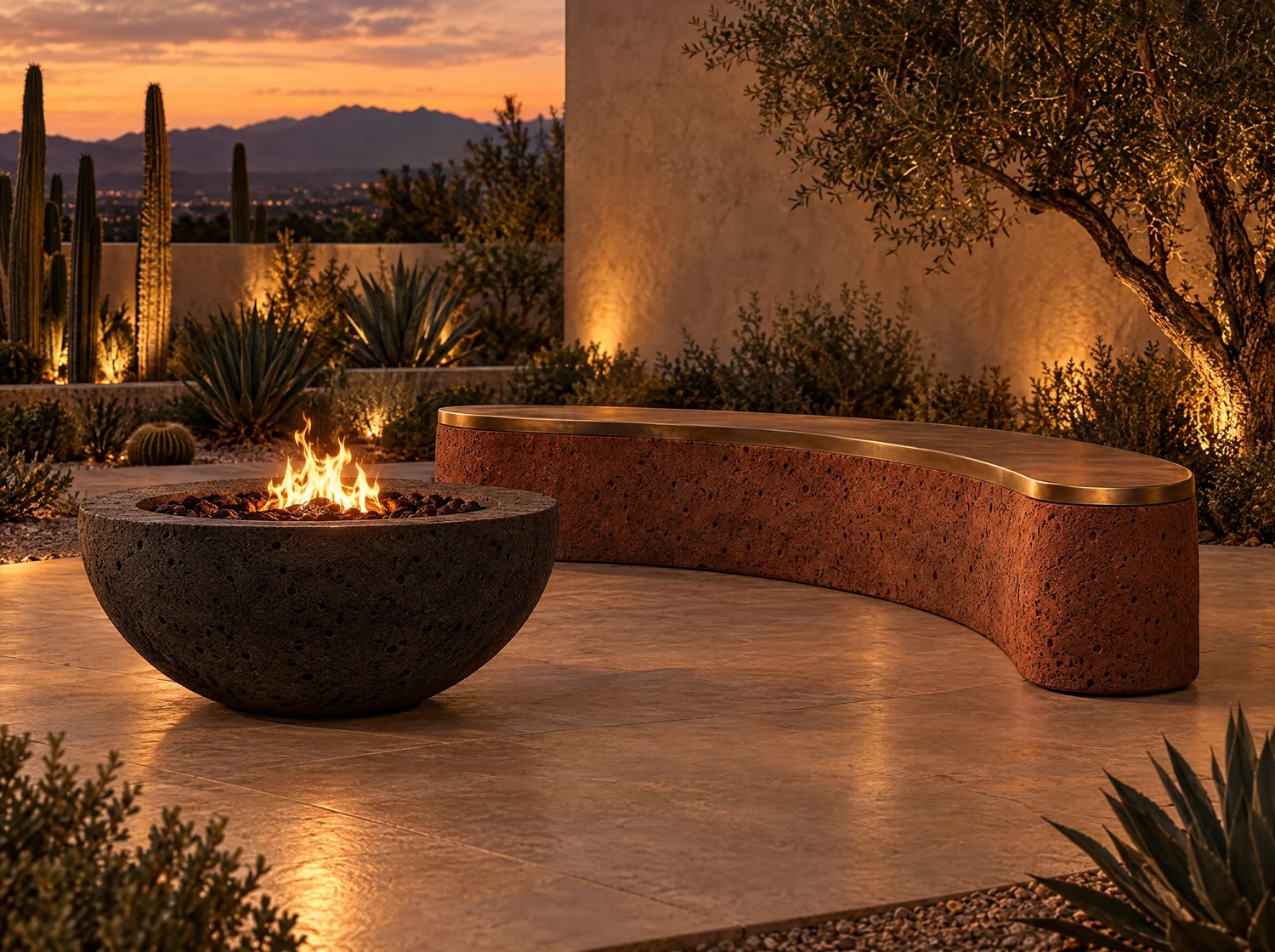 Hoguera, outdoor in volcanic stone, tezontle and bronze. Design render.