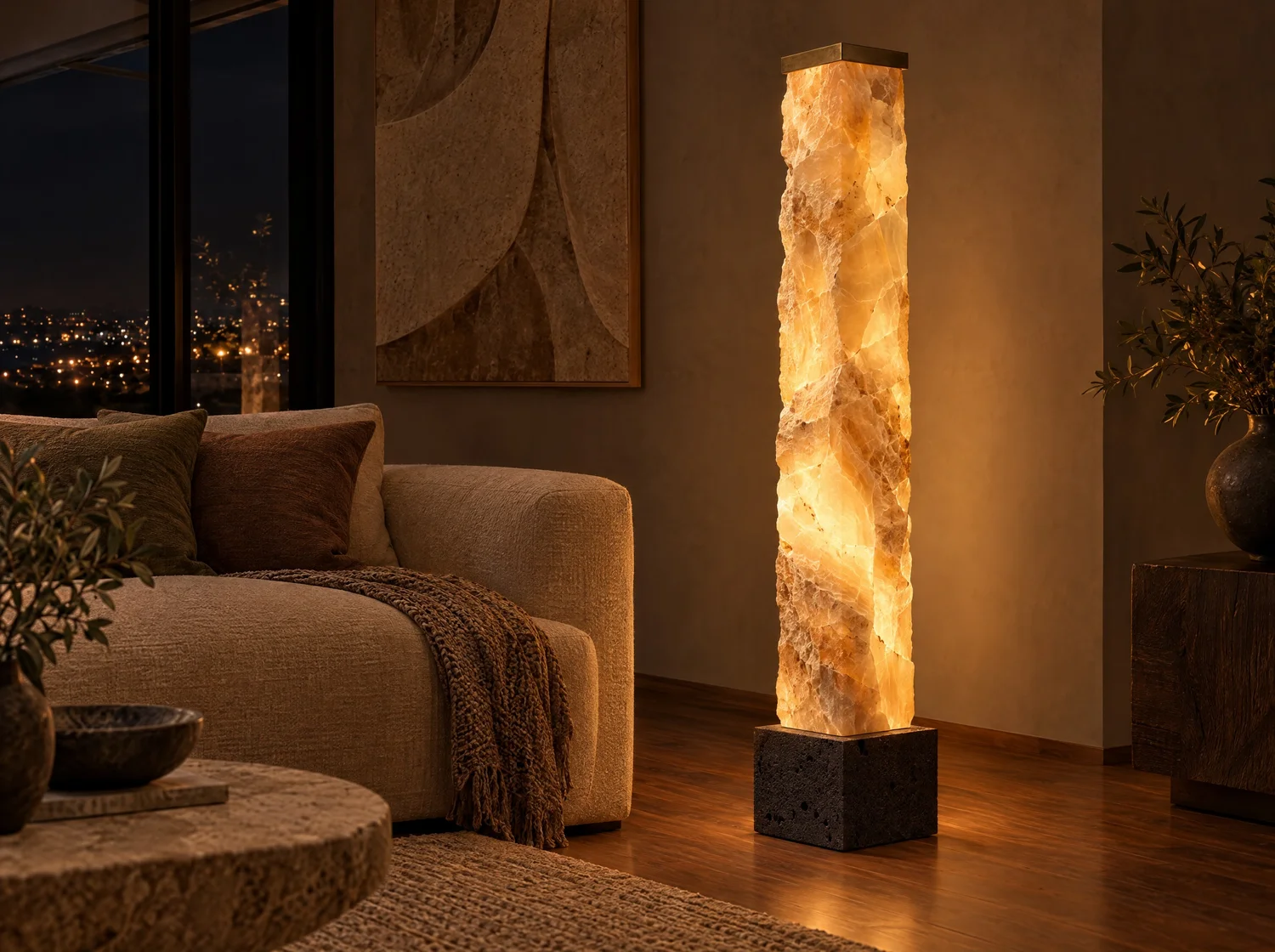 Columna, lighting in onyx, volcanic stone, brass and LED light. Design render.