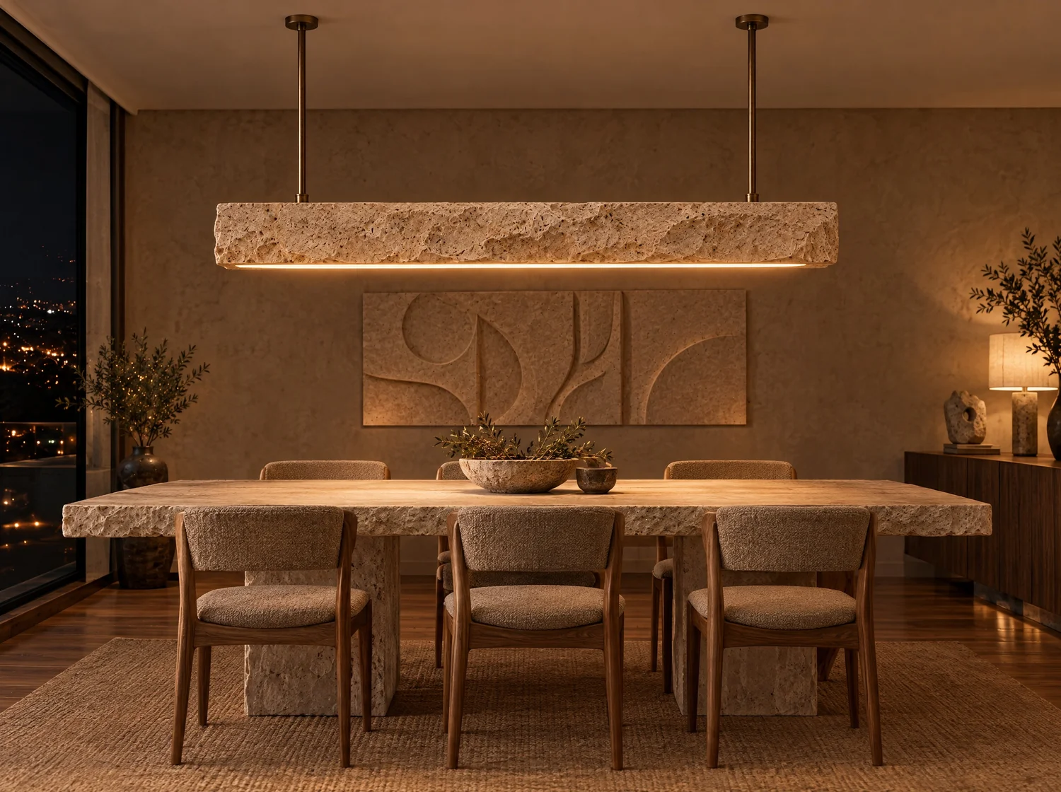 Viga, lighting in travertine, bronze and LED light. Design render.
