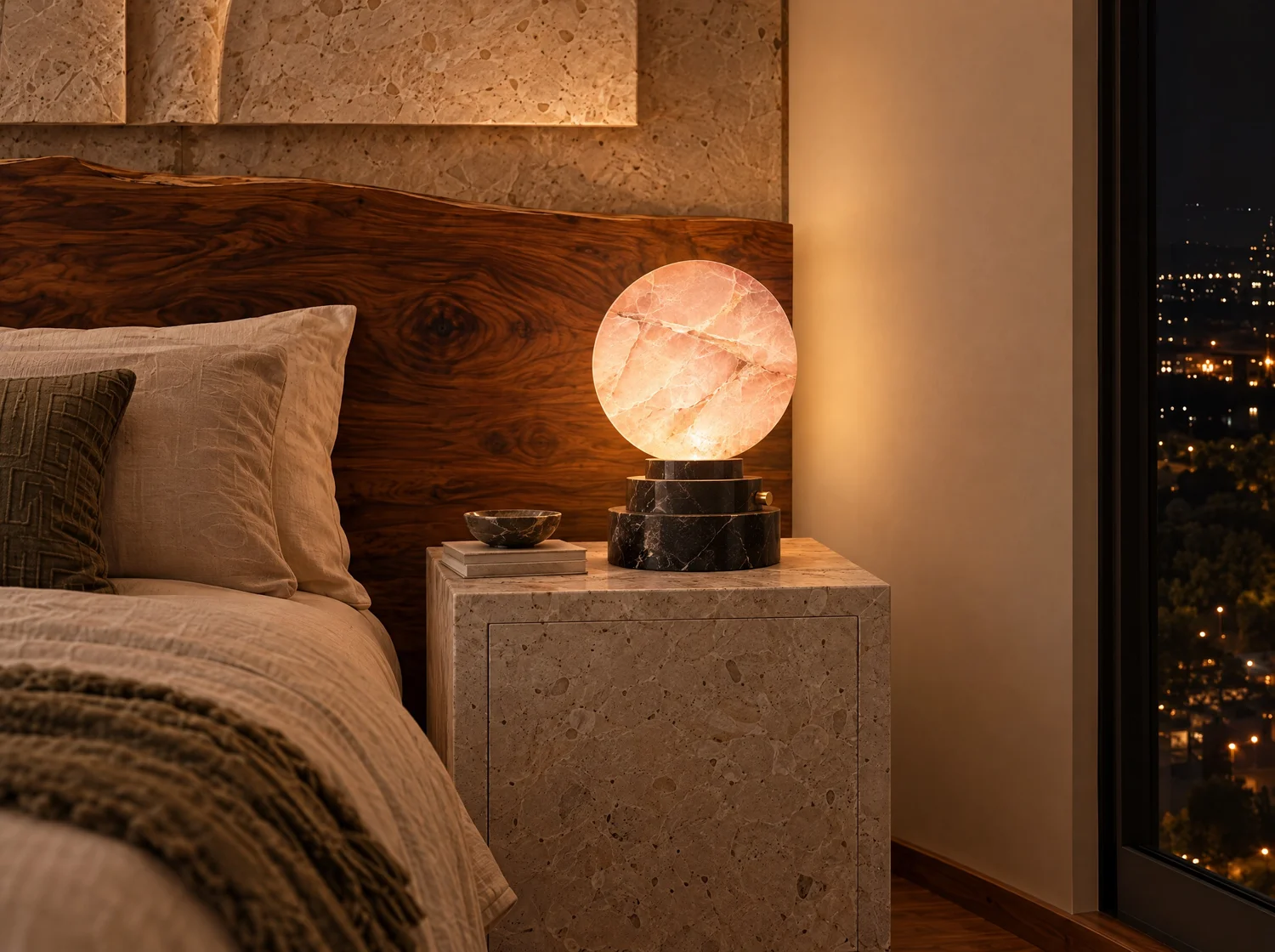 Luna, lighting in pink marble, Negro Vizarrón marble, brass and LED light. Design render.