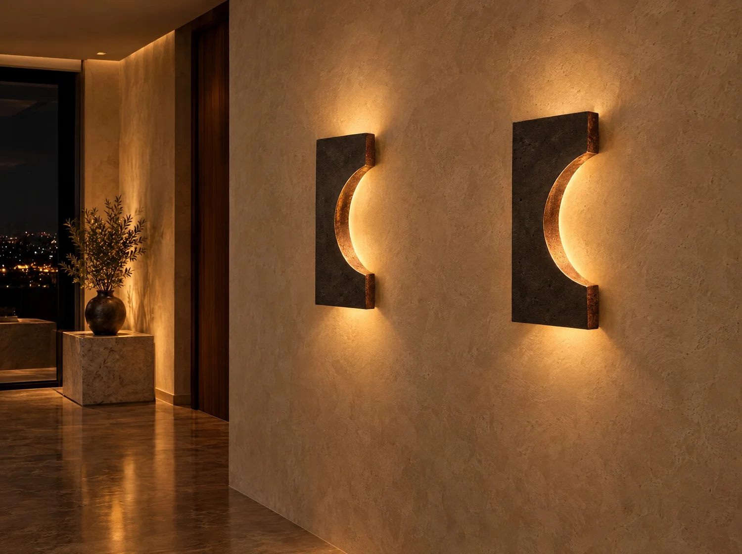 Creciente, lighting in black concrete, copper and LED light. Design render.