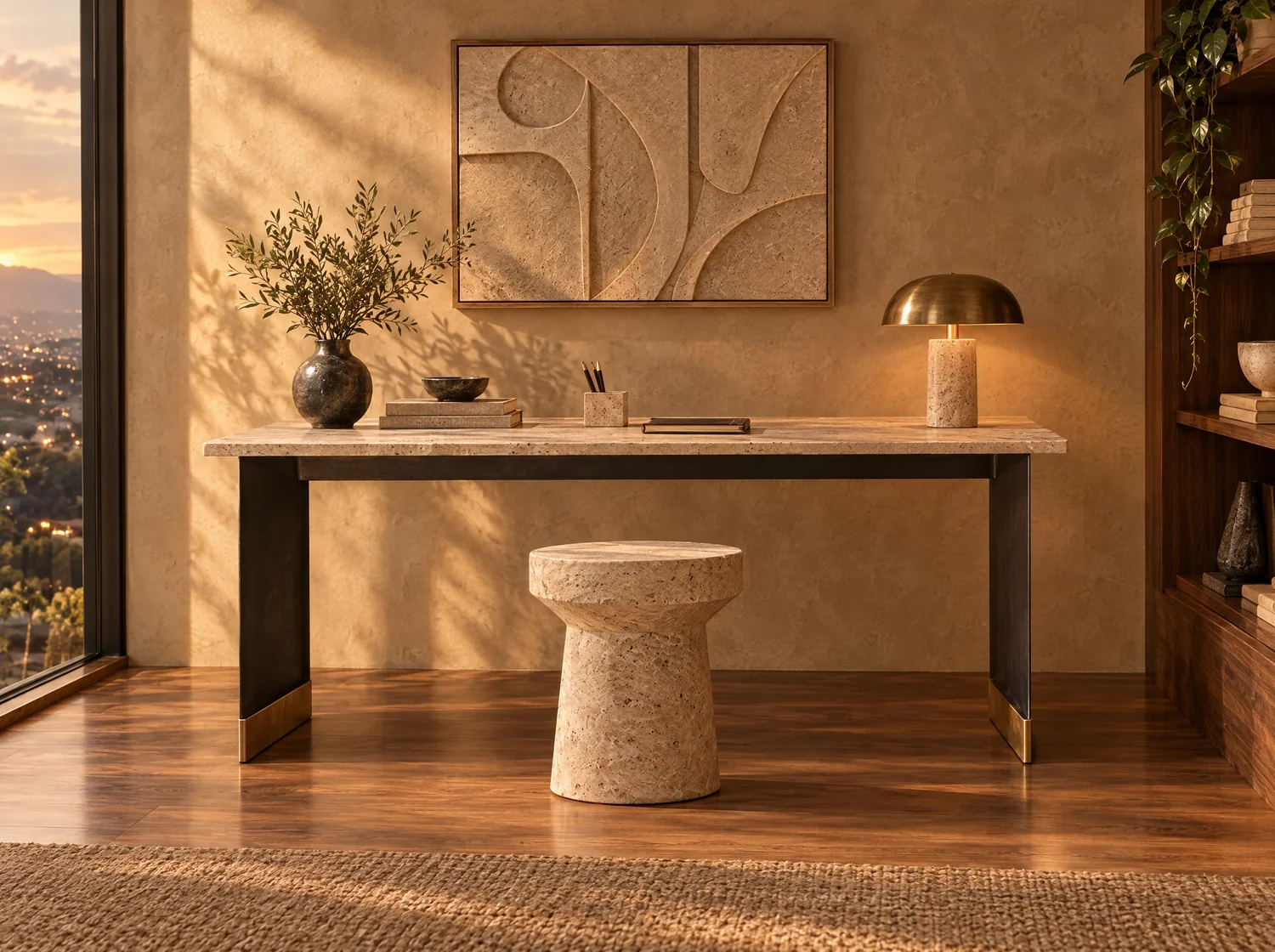Pliegue, desk in travertine, blackened steel and brass. Design render.