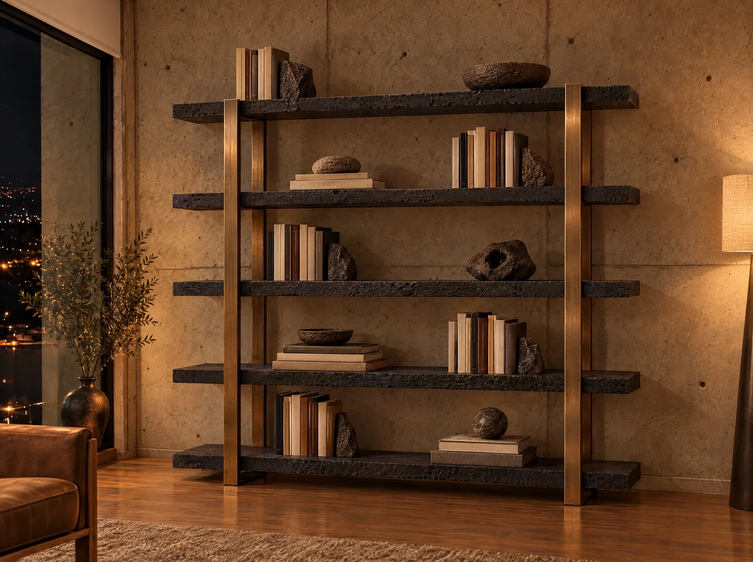 Estratos, storage in volcanic stone and bronze. Design render.