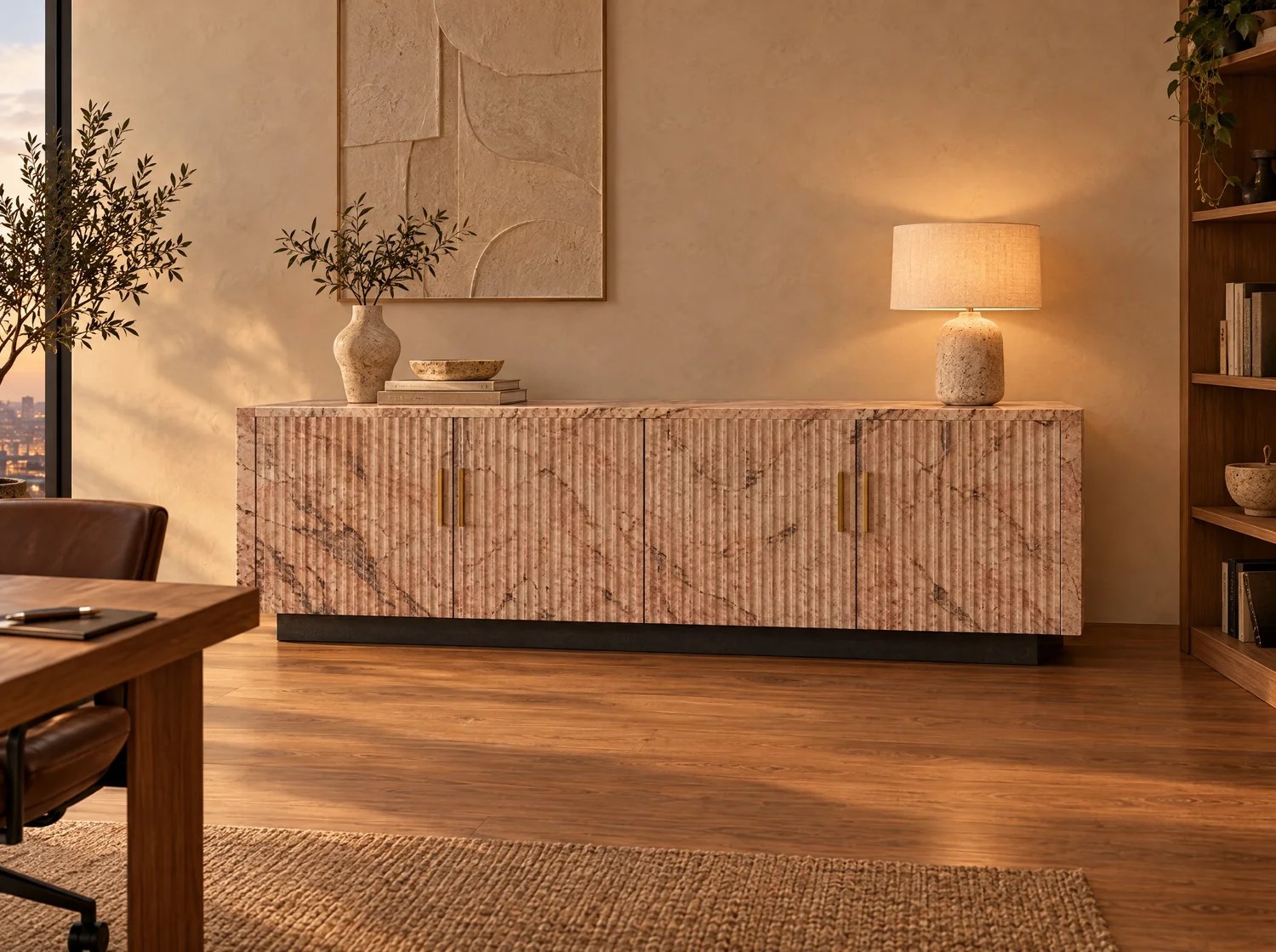 Estría, storage in pink marble, black concrete and brass. Design render.