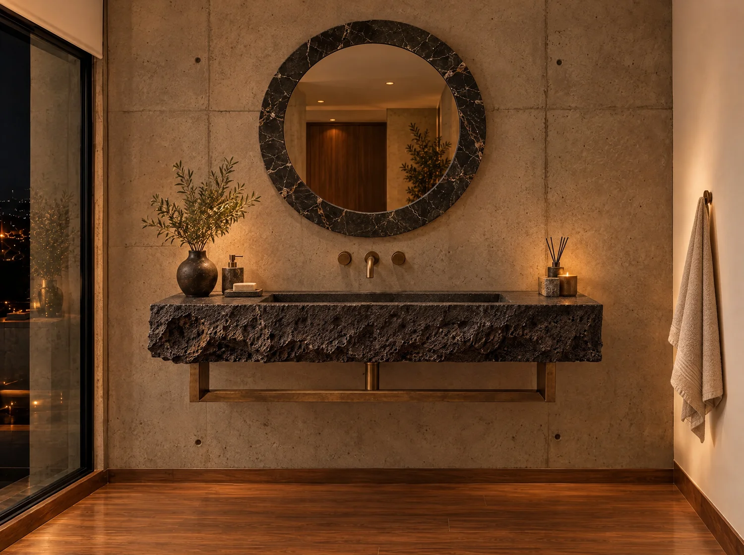 Cauce, vanity in volcanic stone, Negro Vizarrón marble and bronze. Design render.