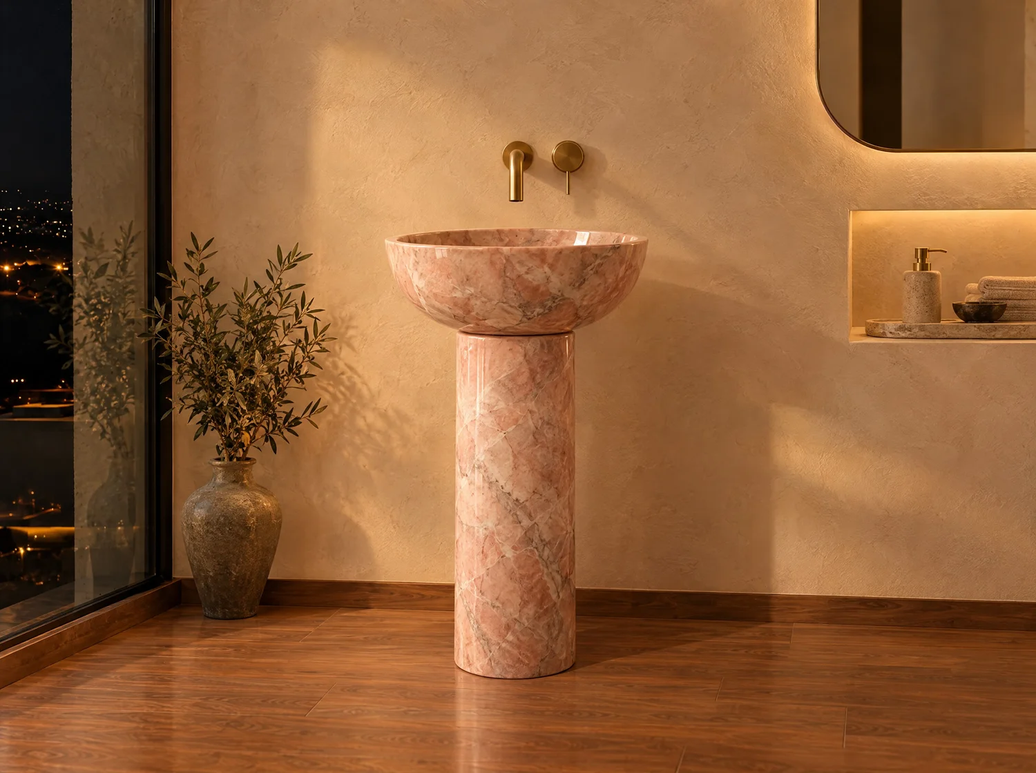 Fuente, vanity in pink marble and brass. Design render.