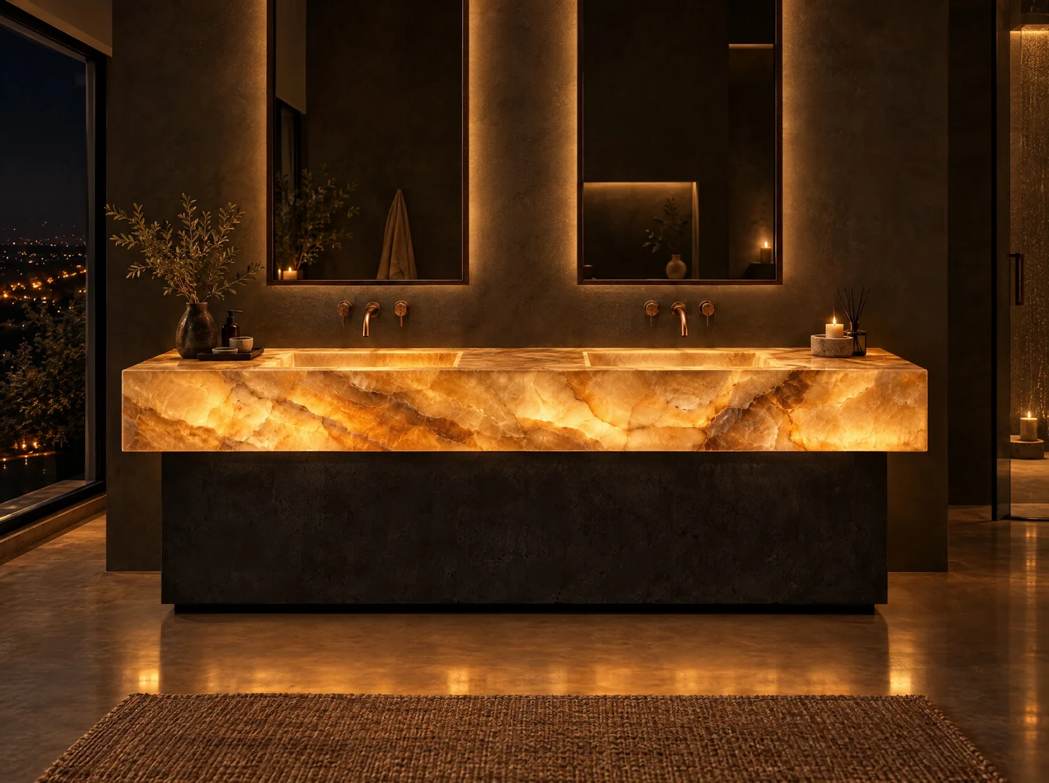 Lumbre, vanity in onyx, black concrete, copper and LED light. Design render.