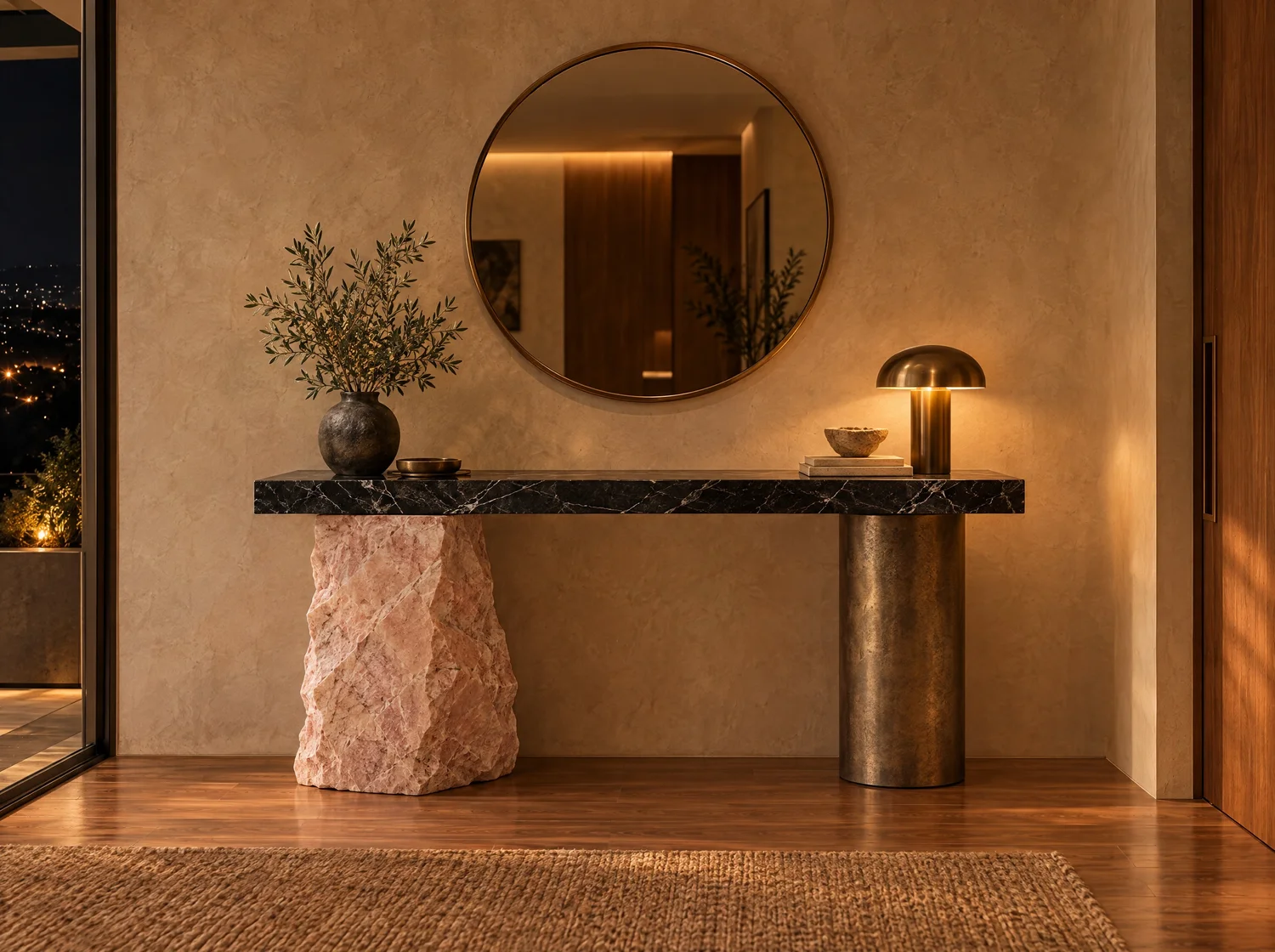 Equilibrista, consola en mármol negro Vizarrón, mármol rosa y bronce. Render de diseño.