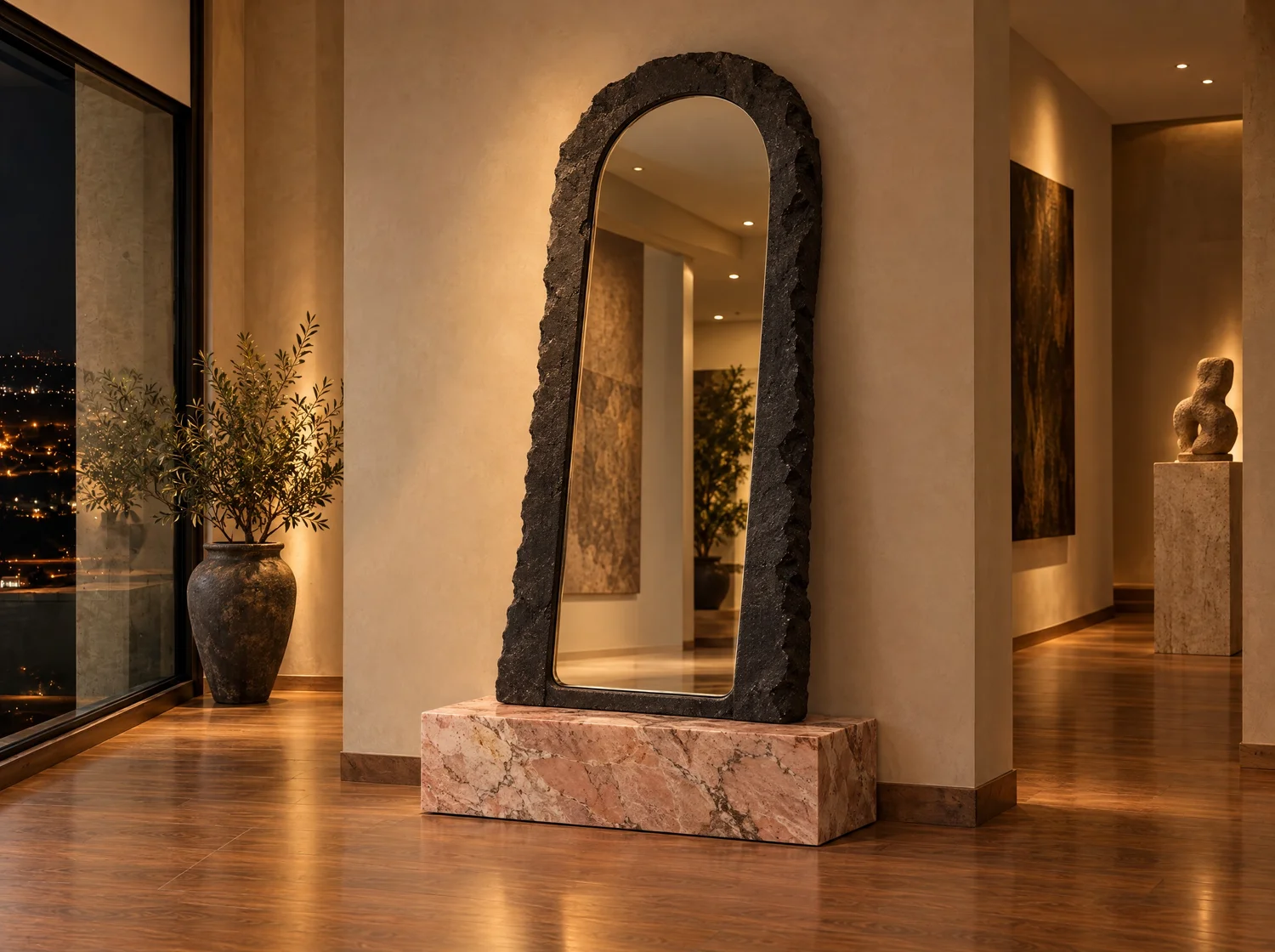 Arco, mirror in black concrete and pink marble. Design render.