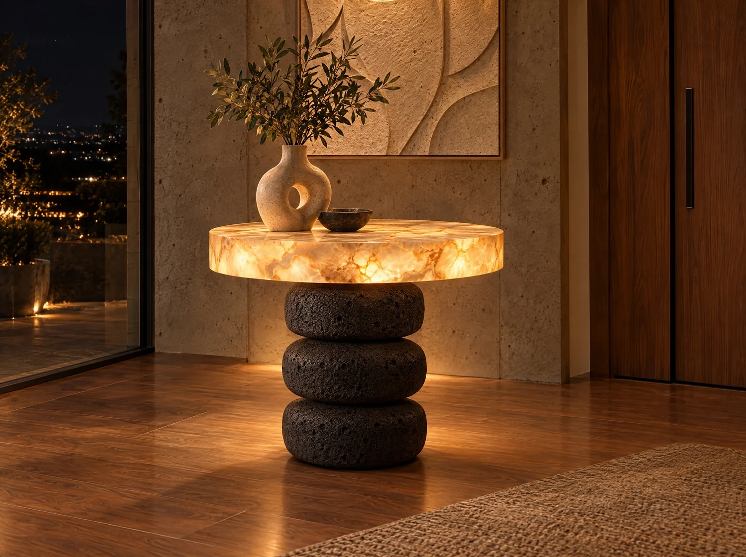 Faro de mesa, mesa de centro en ónix, piedra volcánica y luz LED. Render de diseño.