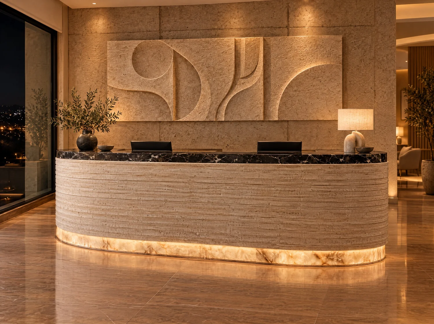 Recepción, commercial in travertine, Negro Vizarrón marble, onyx and LED light. Design render.