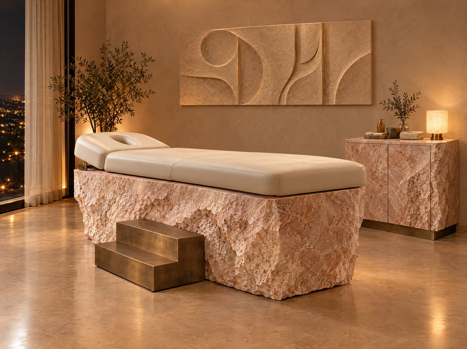 Reposo, comercial en mármol rosa, bronce y piel. Render de diseño.