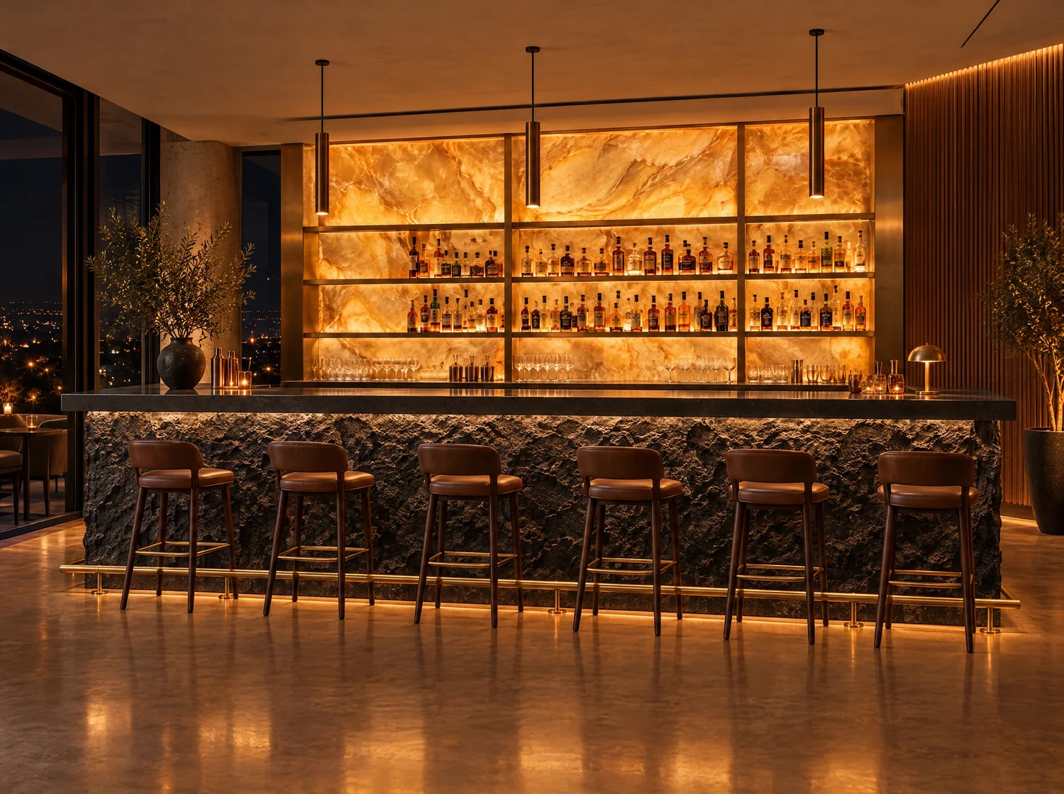 Cantina, commercial in volcanic stone, black concrete, brass, onyx and LED light. Design render.