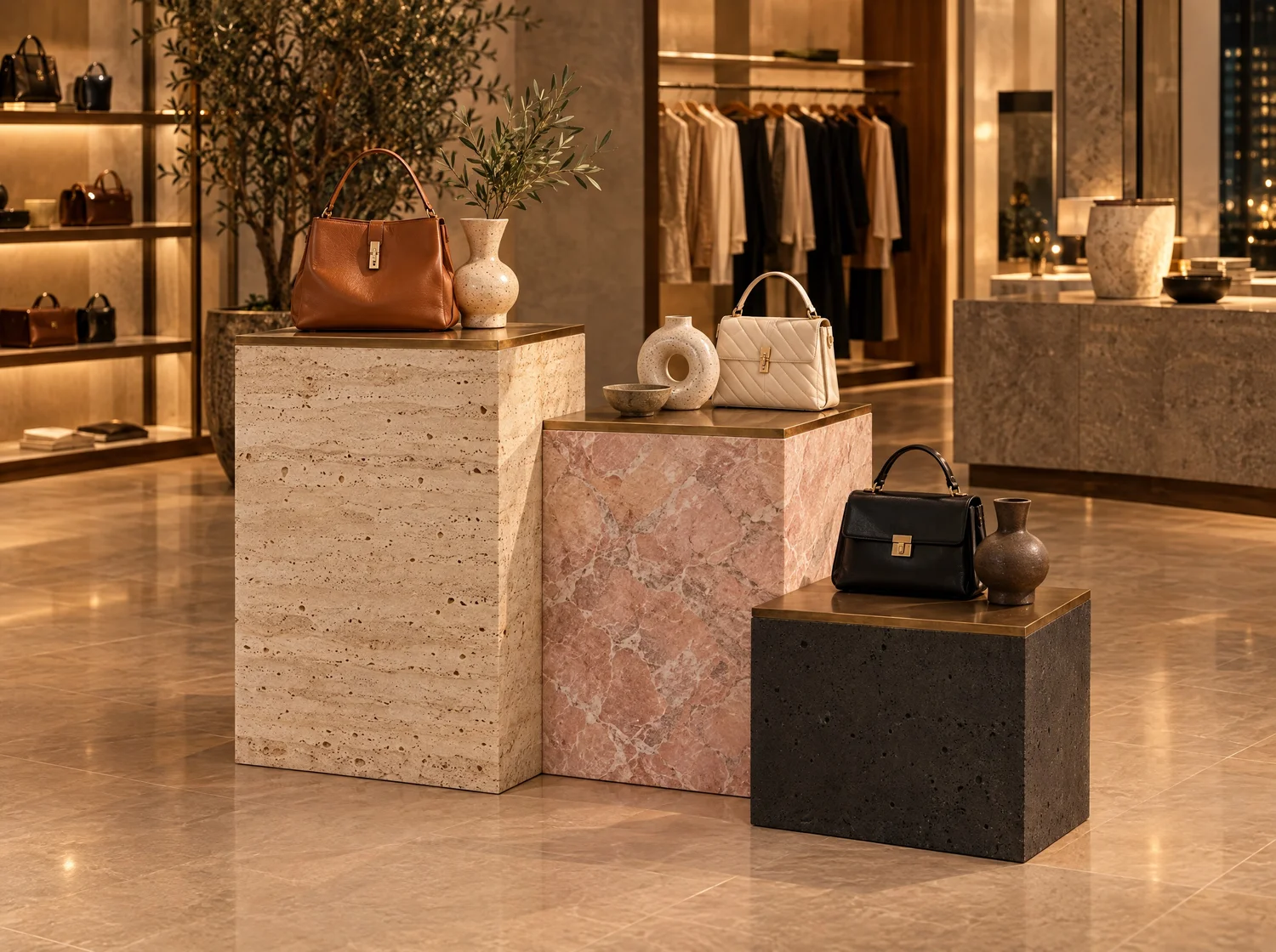 Peldaños, commercial in travertine, pink marble, black concrete and bronze. Design render.