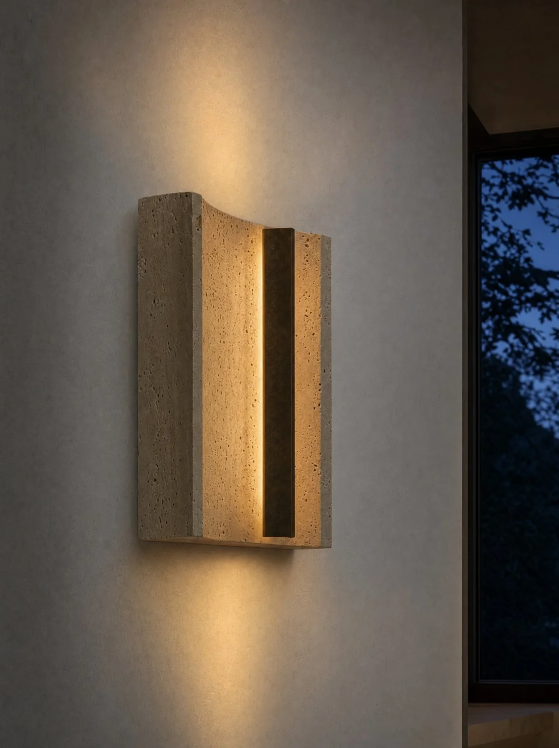 Aplique de travertino, iluminación en travertino, bronce y luz LED. Render de diseño.