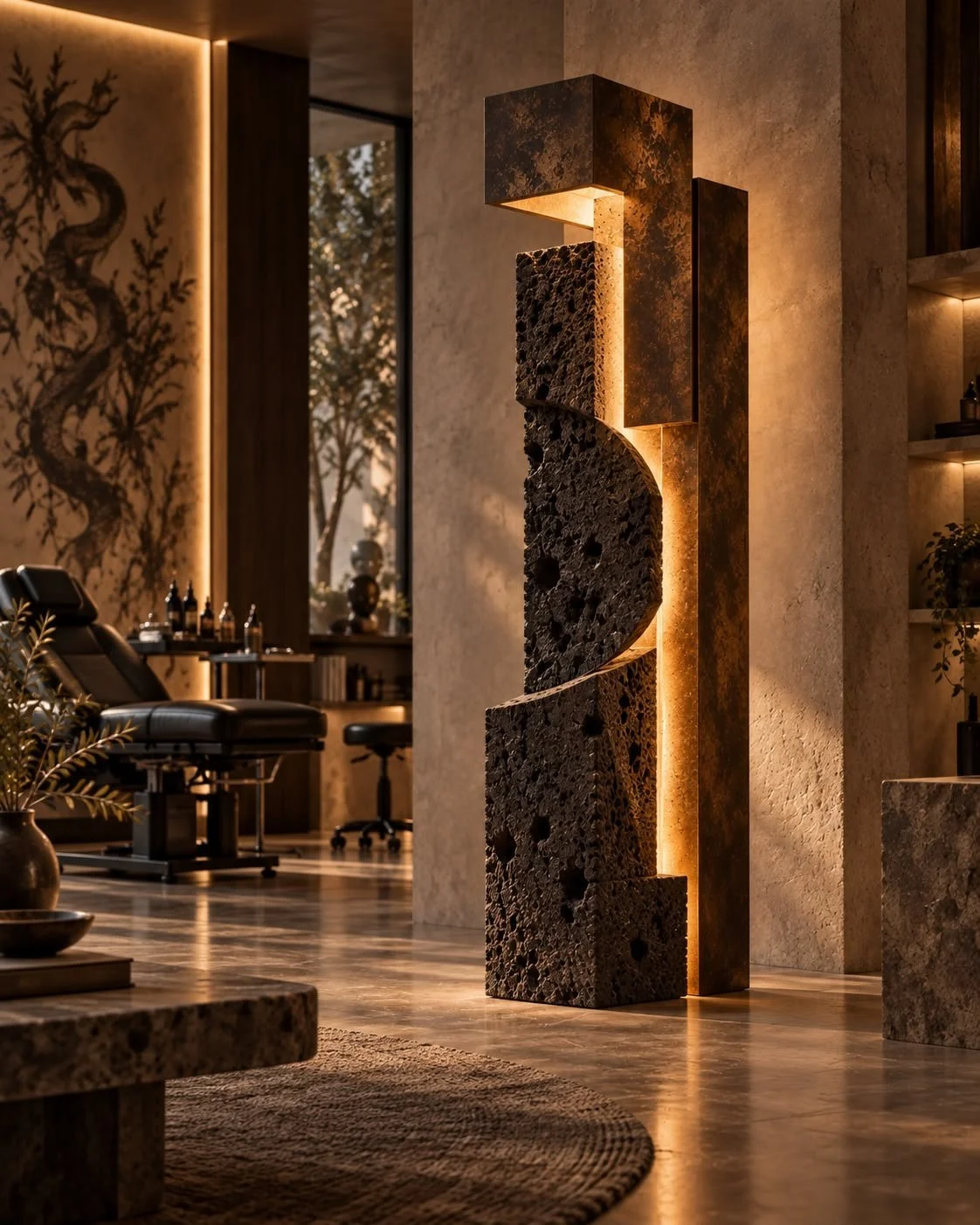 Escultura de luz volcánica, lighting in volcanic stone, bronze and LED light. Design render.