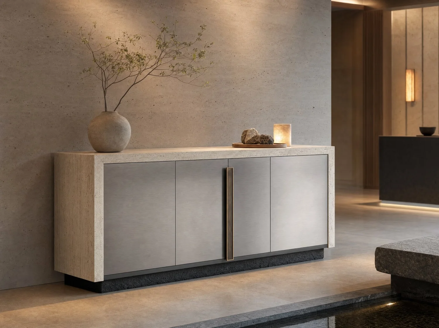 Credenza travertino y acero cepillado, storage in travertine and stainless steel. Design render.