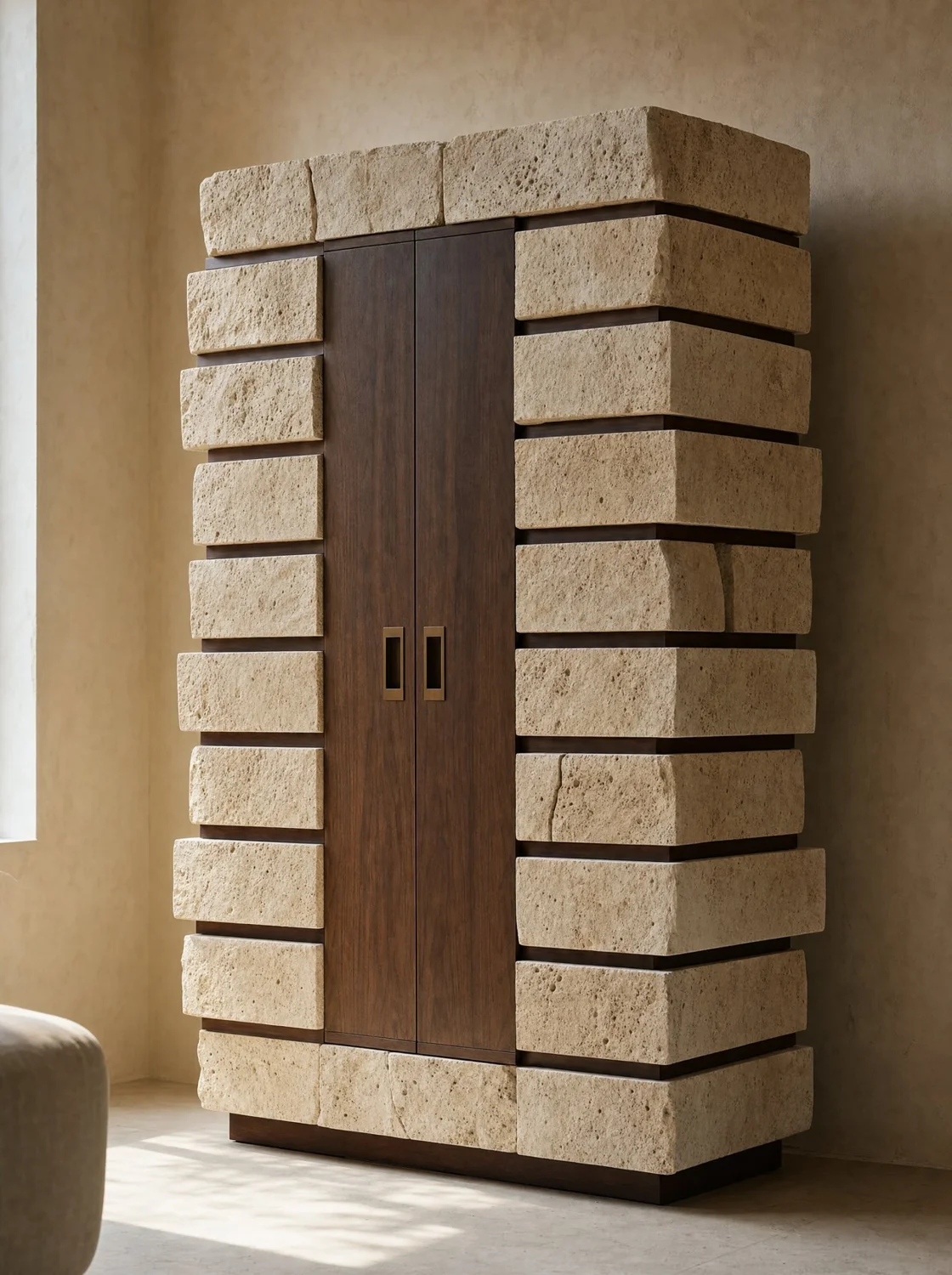 Gabinete / cava de travertino apilado, storage in travertine and walnut. Design render.