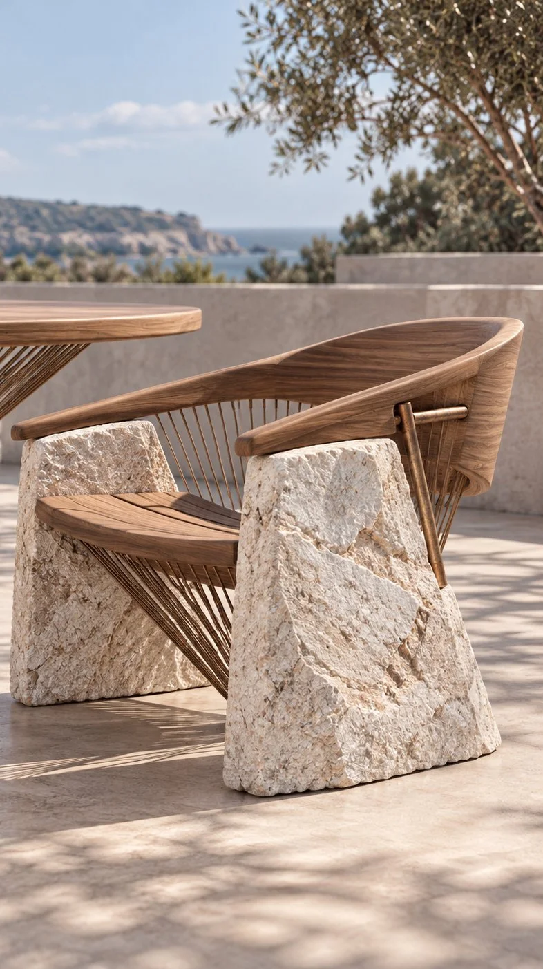 Arpa, chair in white marble, walnut and copper. Design render.