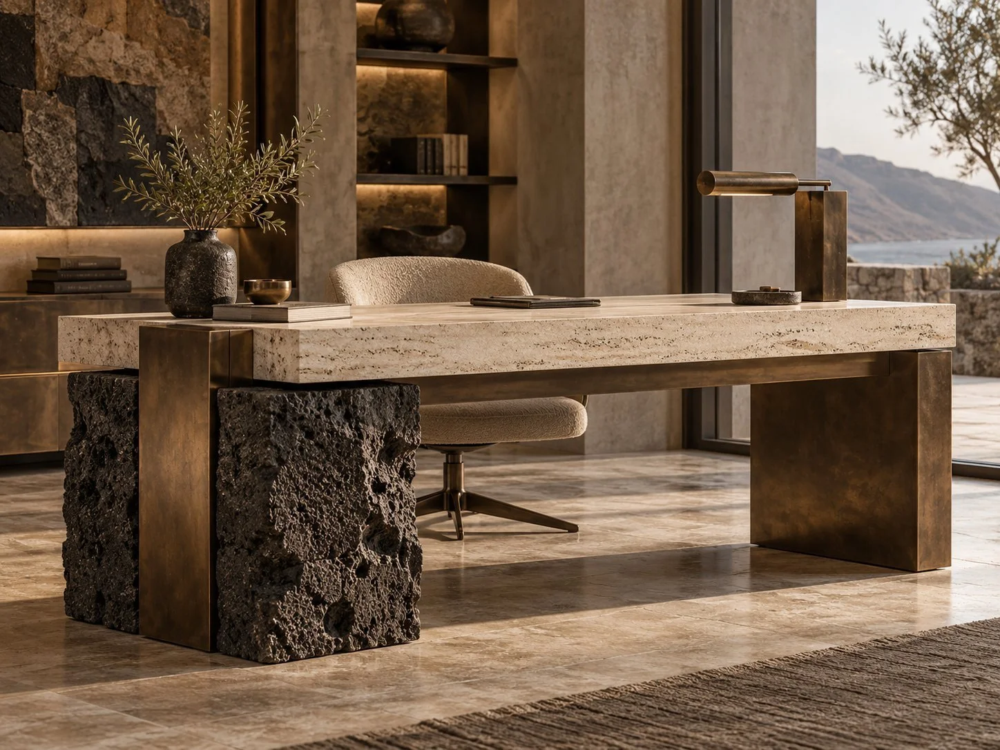 Estrato, desk in travertine, volcanic stone and bronze. Design render.