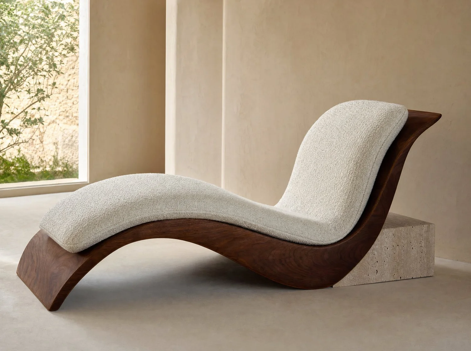 Ola, chaise en nogal y tapicería. Render de diseño.