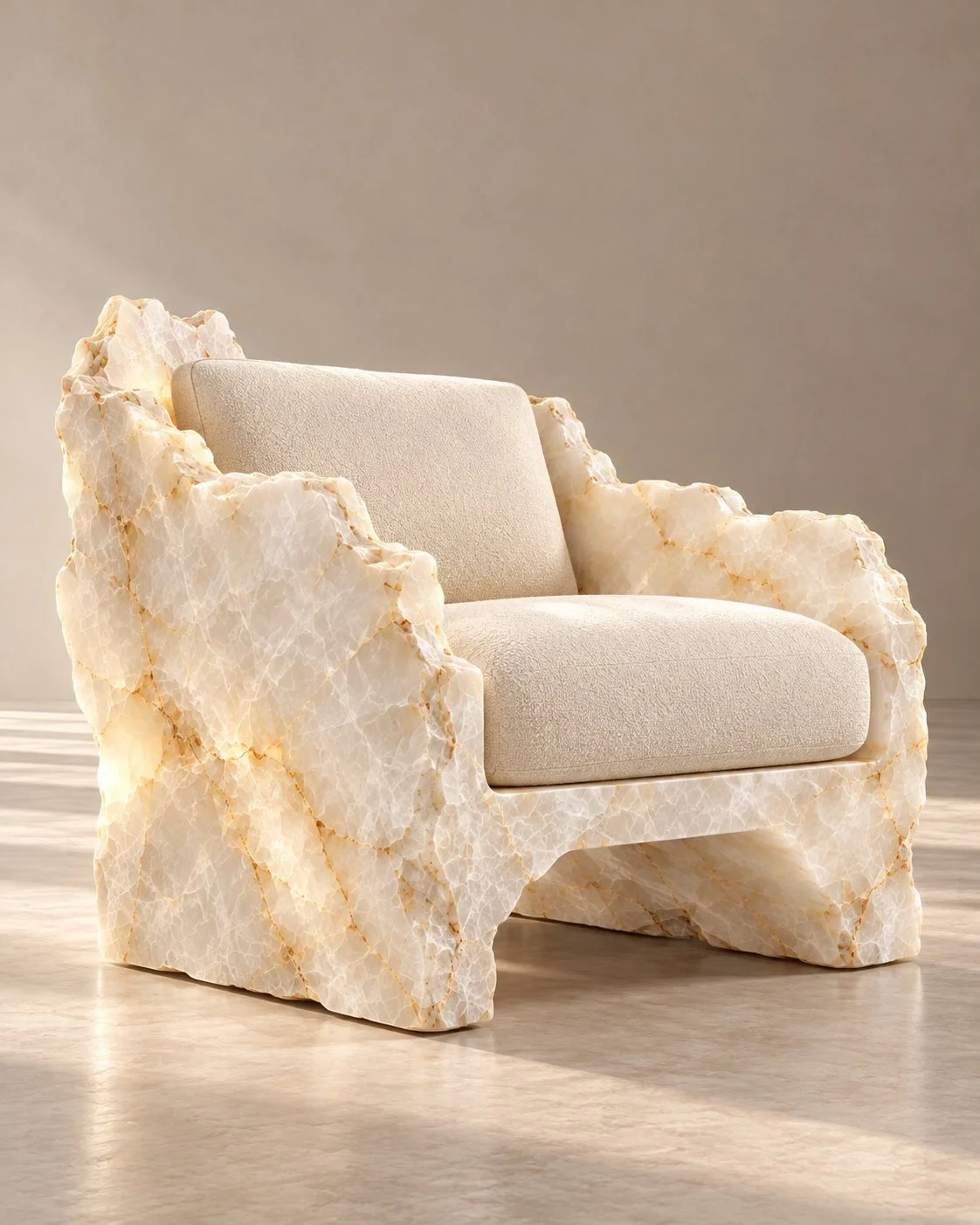 Ónix, armchair in onyx and upholstery. Design render.