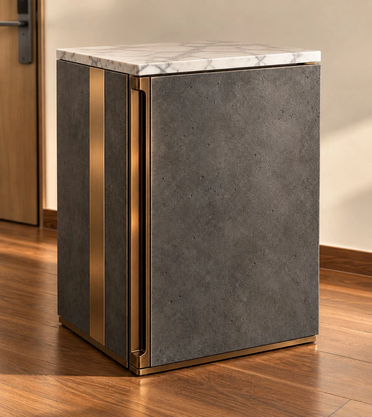Bloque, bar cabinet in concrete, white marble and bronze. Design render.