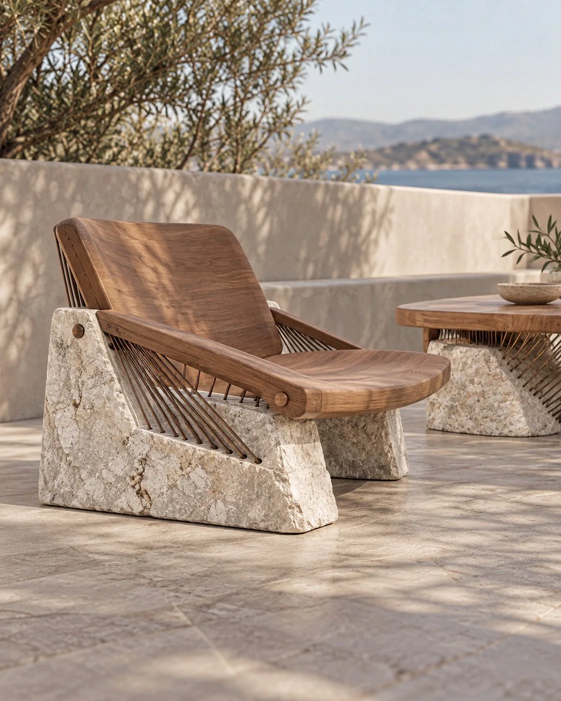 Arpa, lounge en mármol blanco, nogal y cobre. Render de diseño.