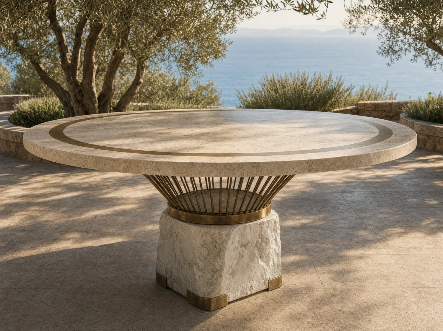 Arpa, dining table in travertine, white marble and bronze. Design render.