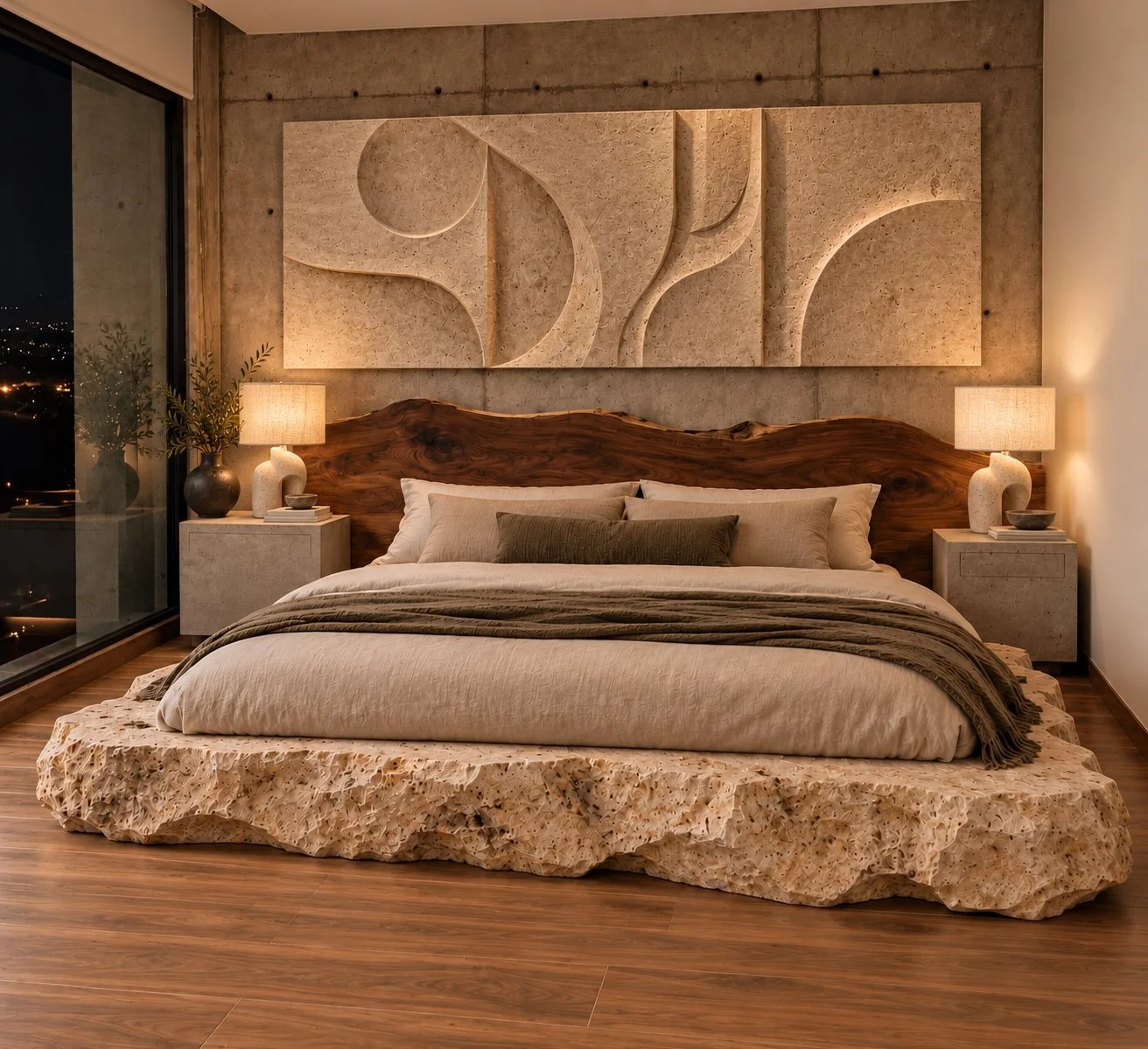 Cerro, cama en travertino y nogal. Render de diseño.
