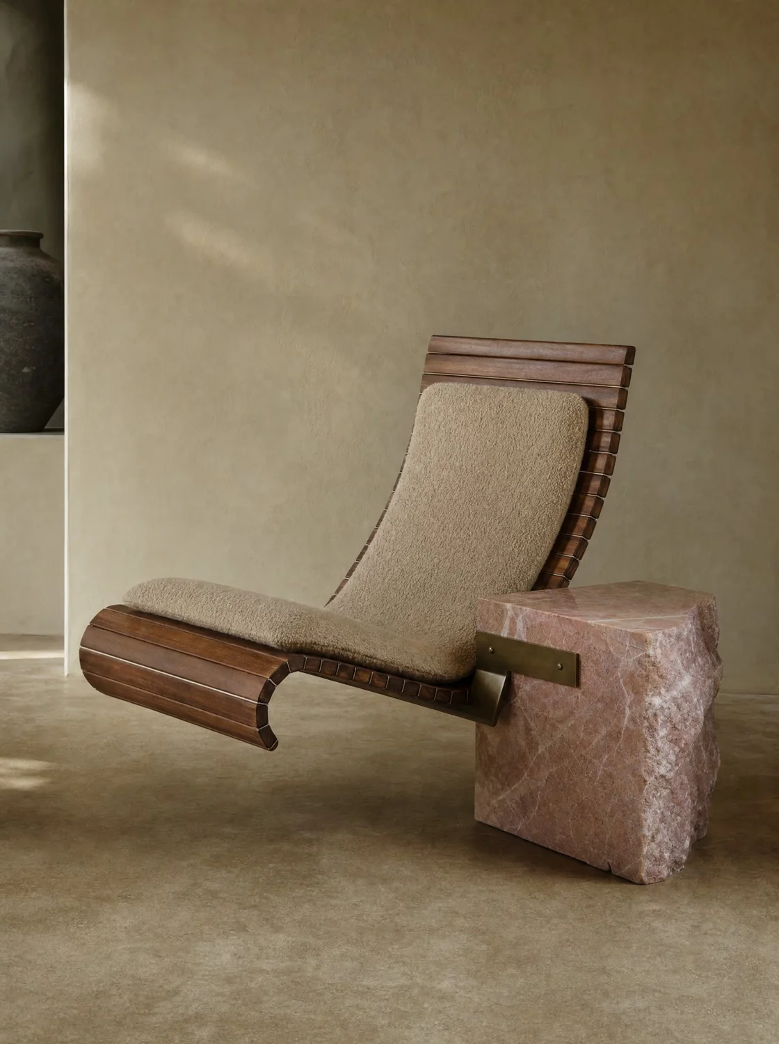 Contrapeso, lounge chair in walnut, pink marble, bronze and upholstery. Design render.
