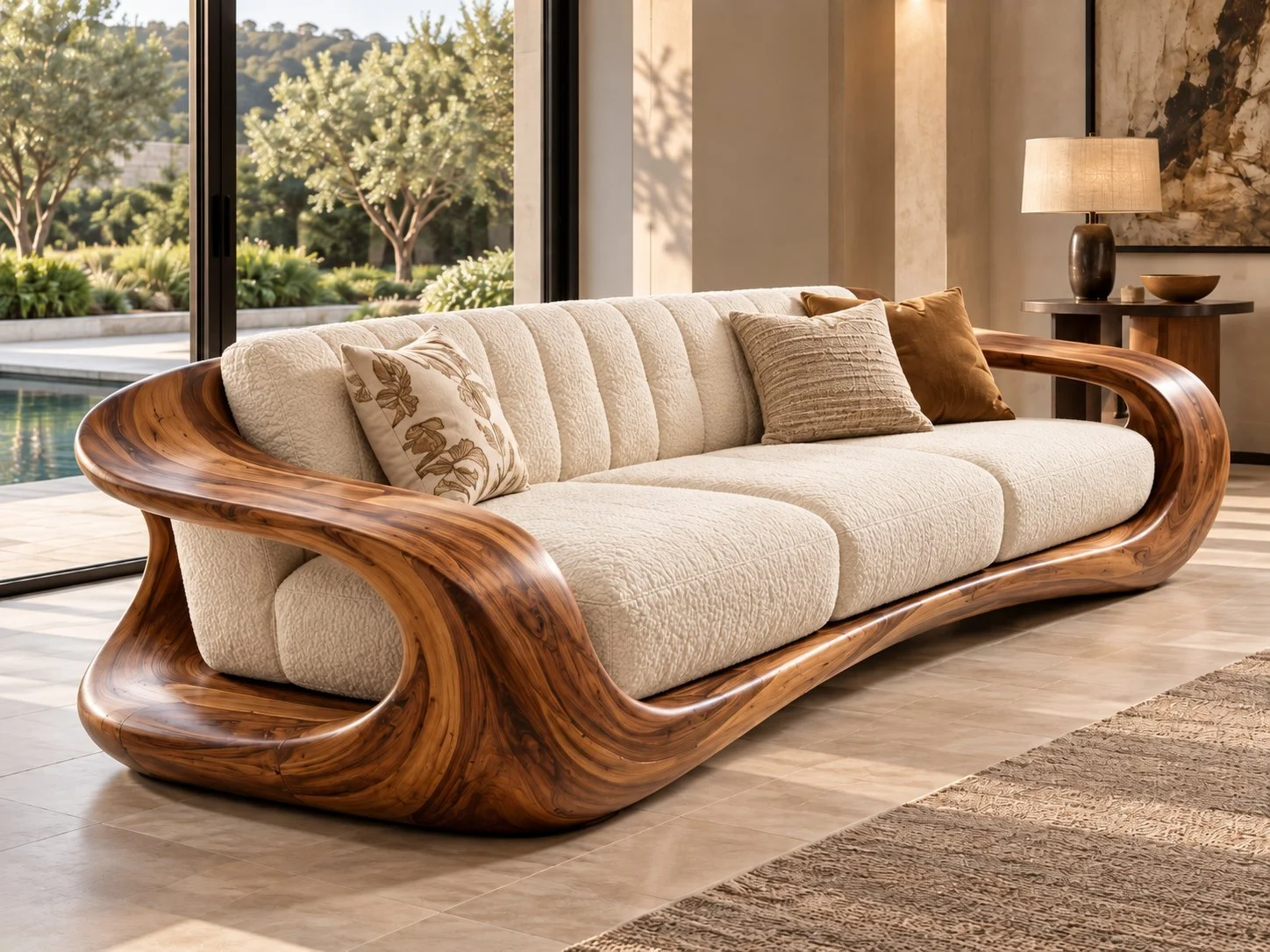 Río, sofa in walnut and upholstery. Design render.