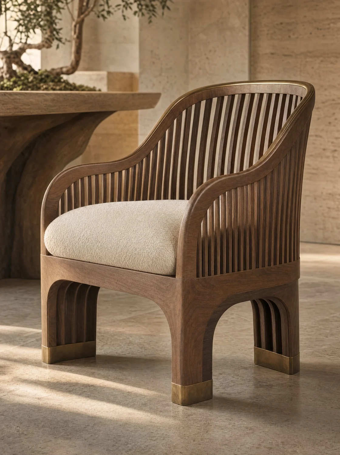 Olivo, chair in walnut, upholstery and bronze. Design render.