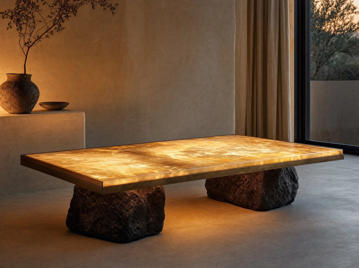 Ónix encendido, coffee table in onyx, volcanic stone, bronze and LED light. Design render.