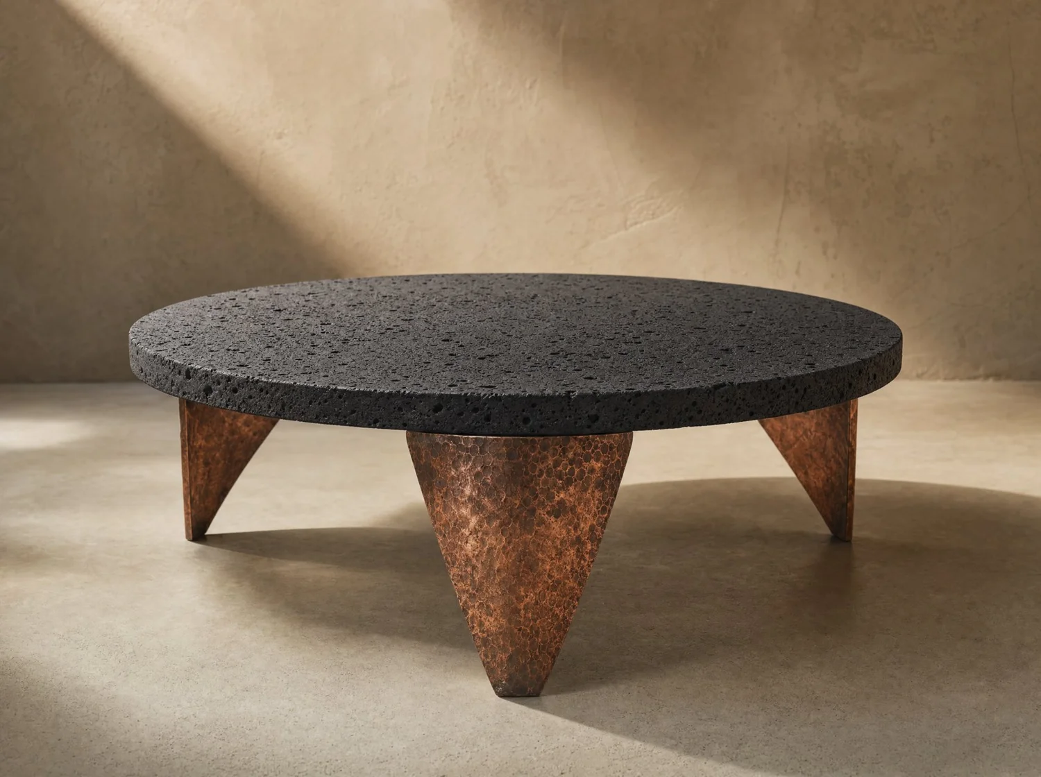 Trípode, coffee table in volcanic stone and copper. Design render.