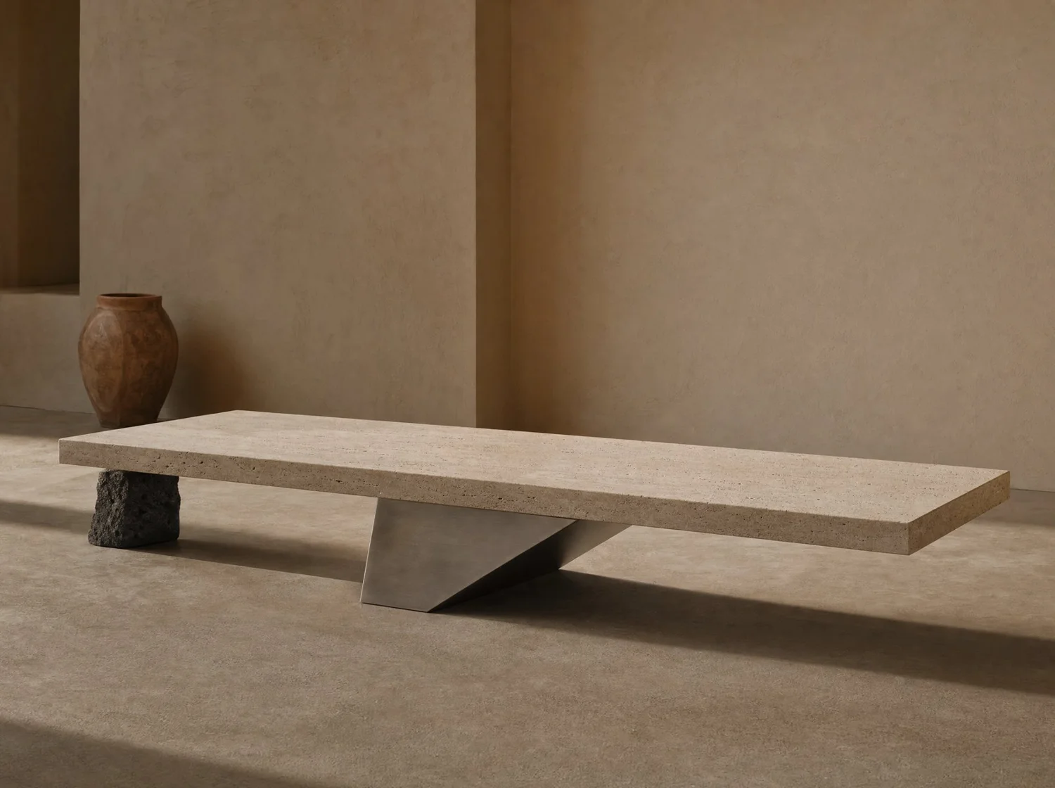 Cuña, coffee table in travertine, stainless steel and volcanic stone. Design render.