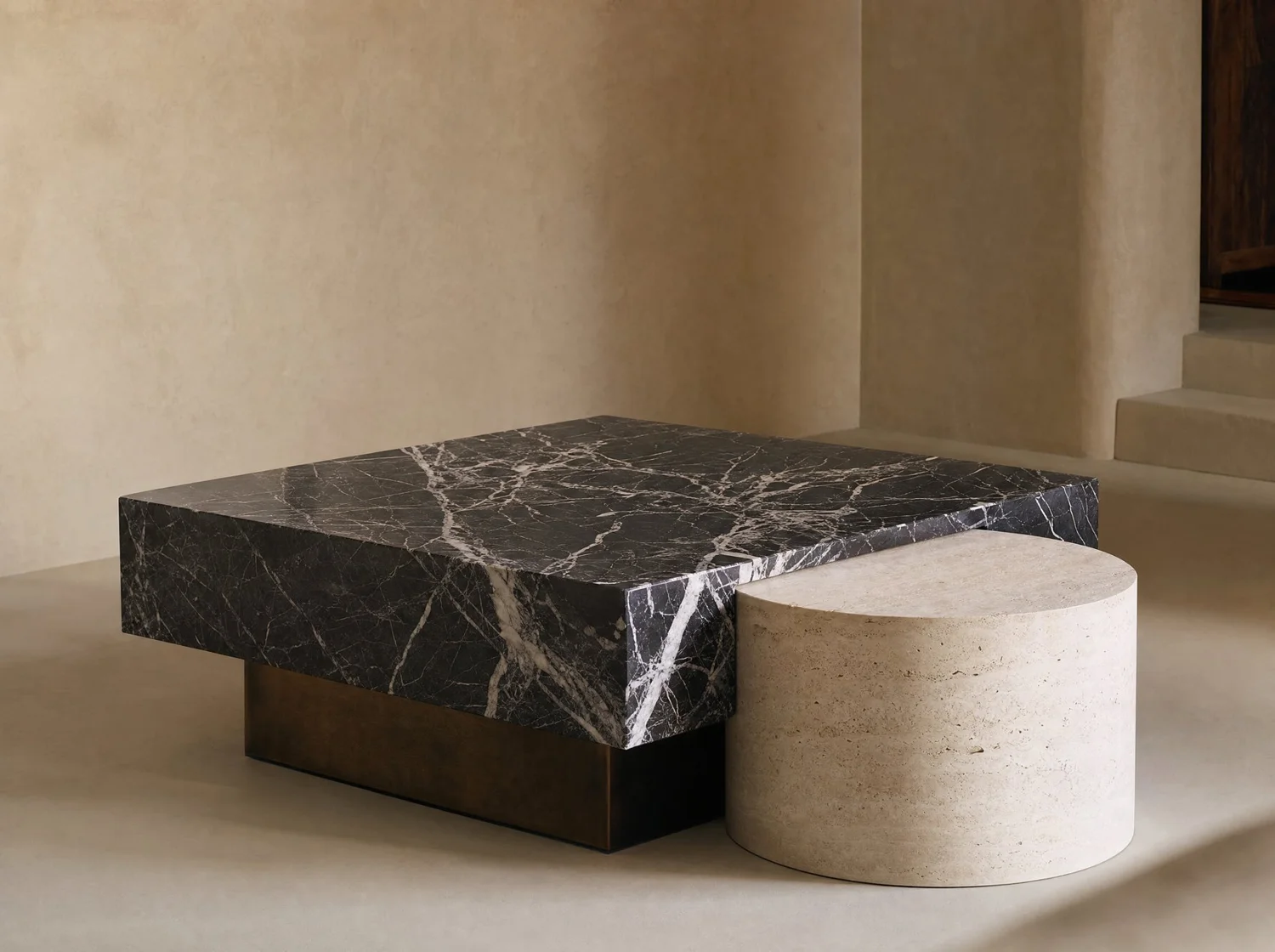Mesas nido Negro Vizarrón y travertino, coffee table in Negro Vizarrón marble, travertine and bronze. Design render.