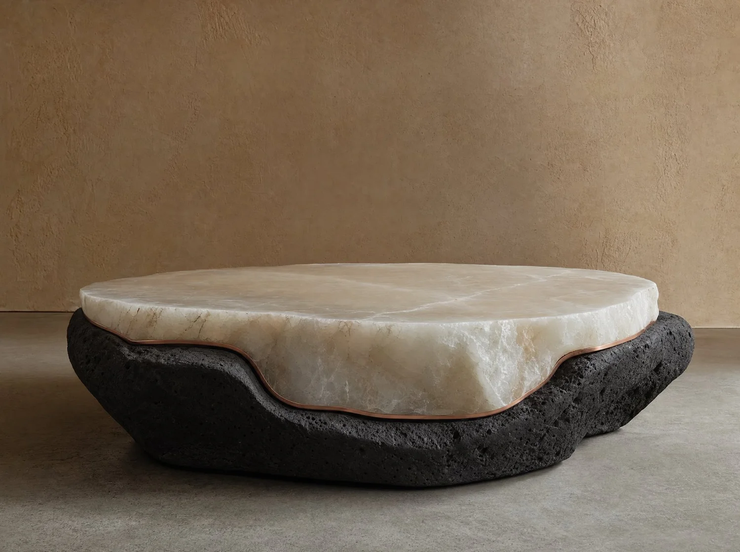 Cuna, coffee table in onyx, volcanic stone and copper. Design render.
